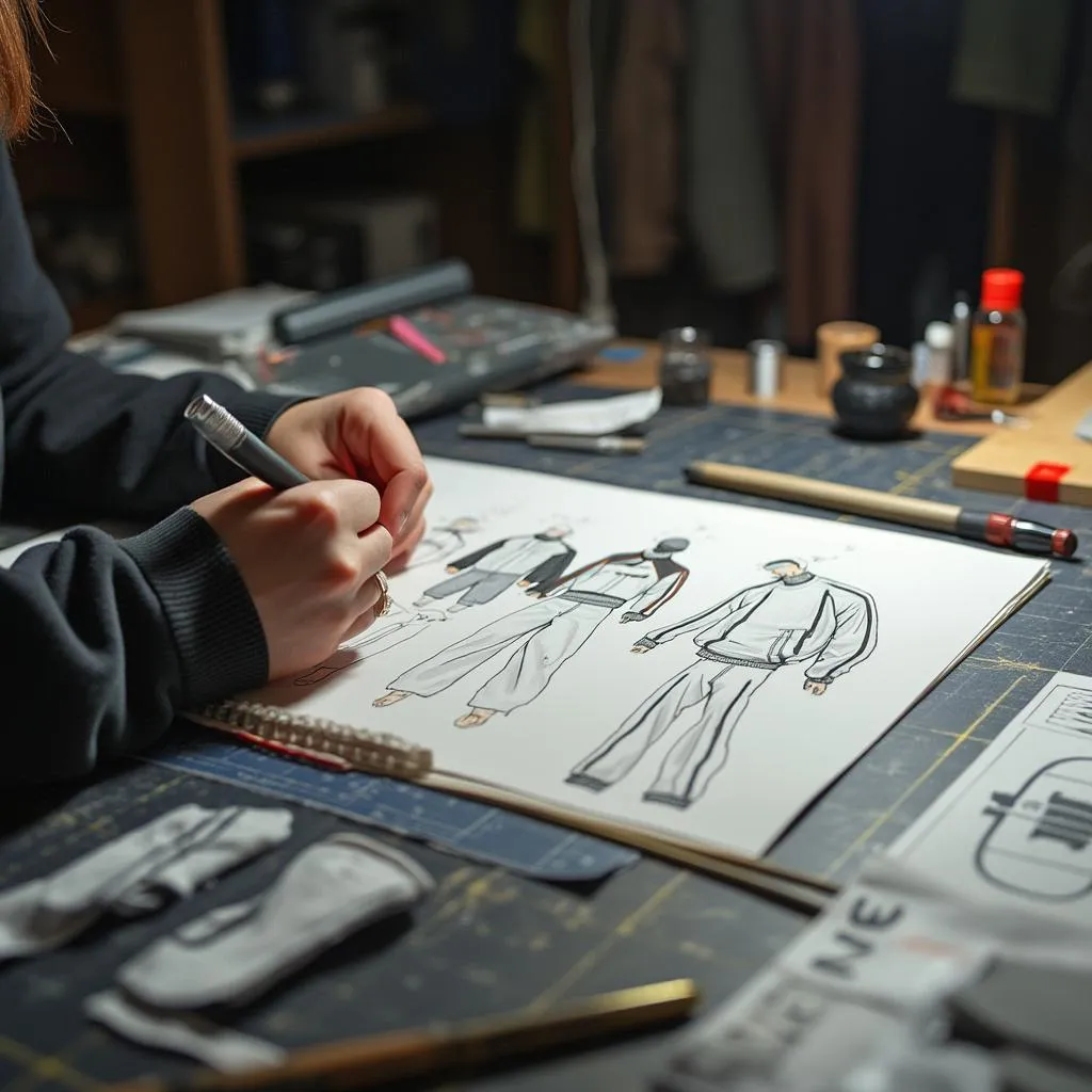 Diseñador trabajando en bocetos de chándales
